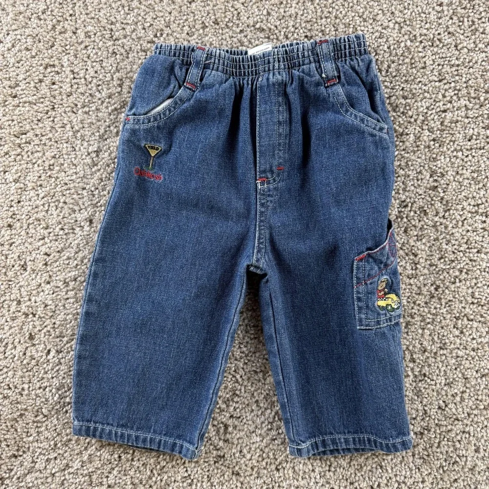 Vintage OshKosh B'gosh Cargo Jeans Baby 6-9 Months Denim Elastic Waist Bear Boys